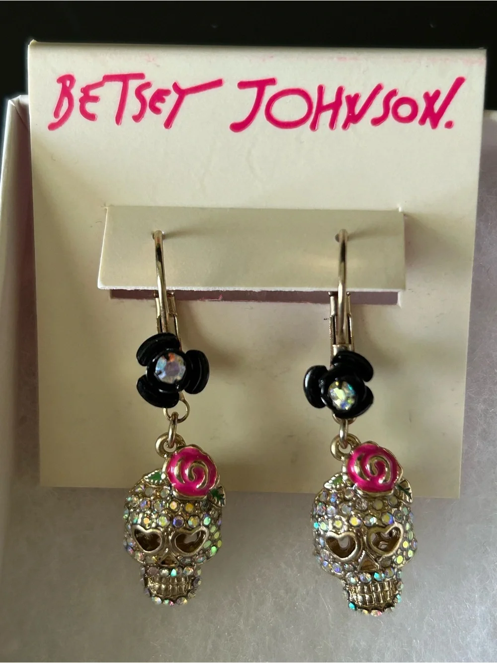 Betsey Johnson Pink Rose Crystal Skull Drop Earrings